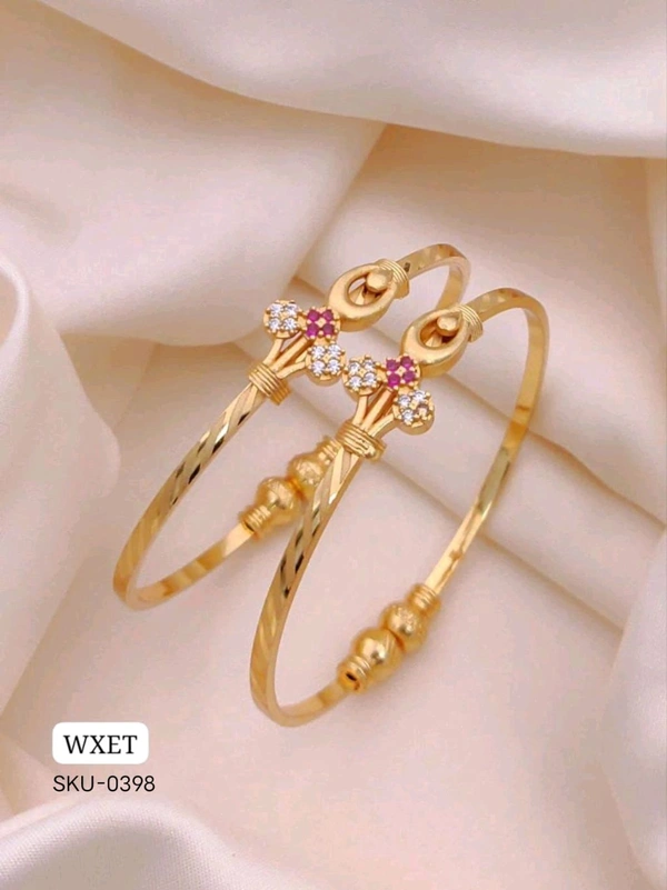 π KANAF CZ AD Fancy Folding Kadli (2 Pc Set) | Brass Micro Gold Plated Adjustable Kada | Daily Wear Free Size Gold Bangle for Women & Girls