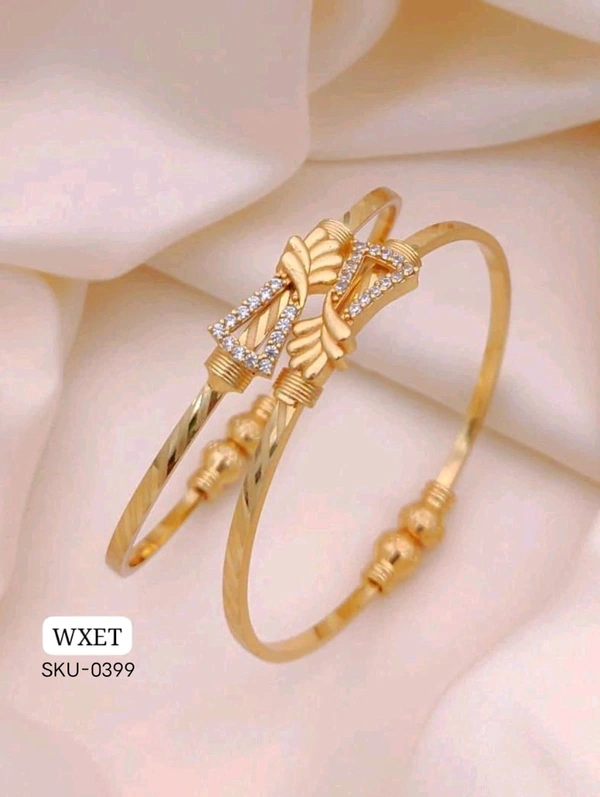 π KANAF CZ AD Fancy Folding Kadli (2 Pc Set) | Brass Micro Gold Plated Adjustable Kada | Daily Wear Free Size Gold Bangle for Women & Girls