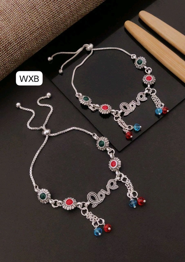 Kanaf ๐ KANAF Silver Fancy Oxodized Broch Payal | โLOVEโ Design Multicolor Stone Payal | Free Size Folding Anklet for Women & Girls