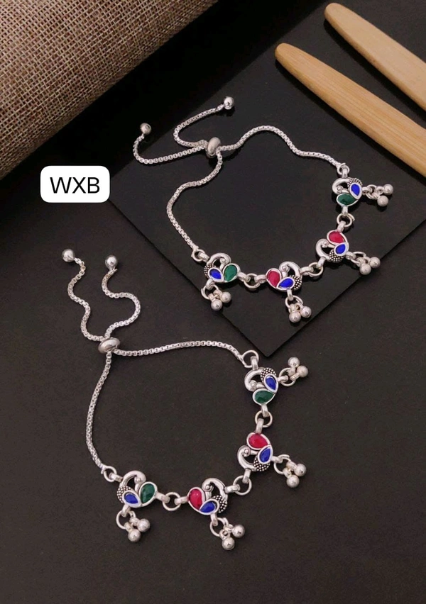 Kanaf KANAF Silver Fancy Oxodized Broch Payal | Multicolor Leaf Design | Free Size Adjustable Anklet for Women & Girls