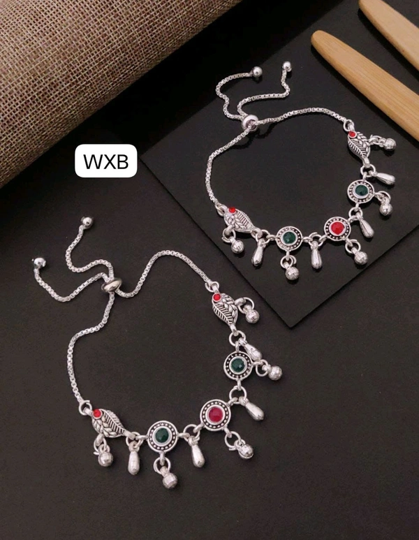 Kanaf KANAF Silver Fancy Oxodized Broch Payal | Red-Green Stone Design | Free-Size Adjustable Anklet for Women & Girls