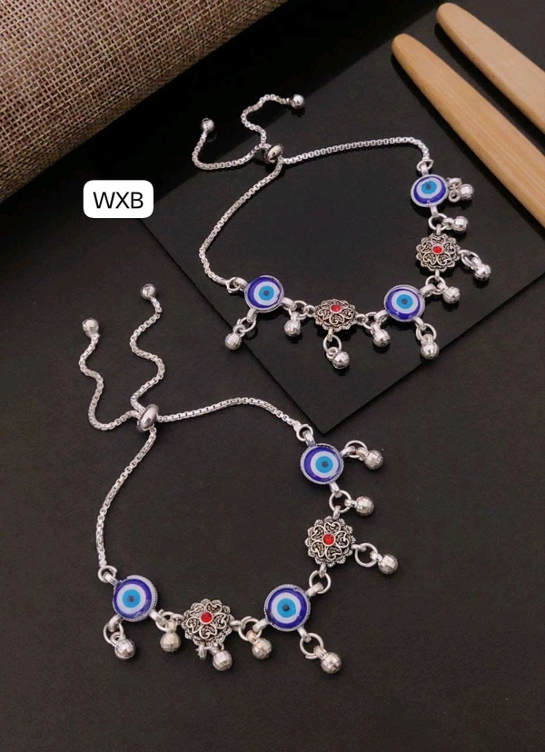Kanaf KANAF Silver Fancy Oxodized Broch Payal | Evil Eye Design | Free Size Folding Anklet for Women & Girls