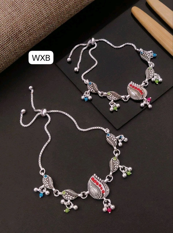 Kanaf ๐ KANAF Silver Fancy Oxidized Brooch Payal | Leaf Design Multicolor Stone Adjustable Free Size Folding Anklet for Women & Girls