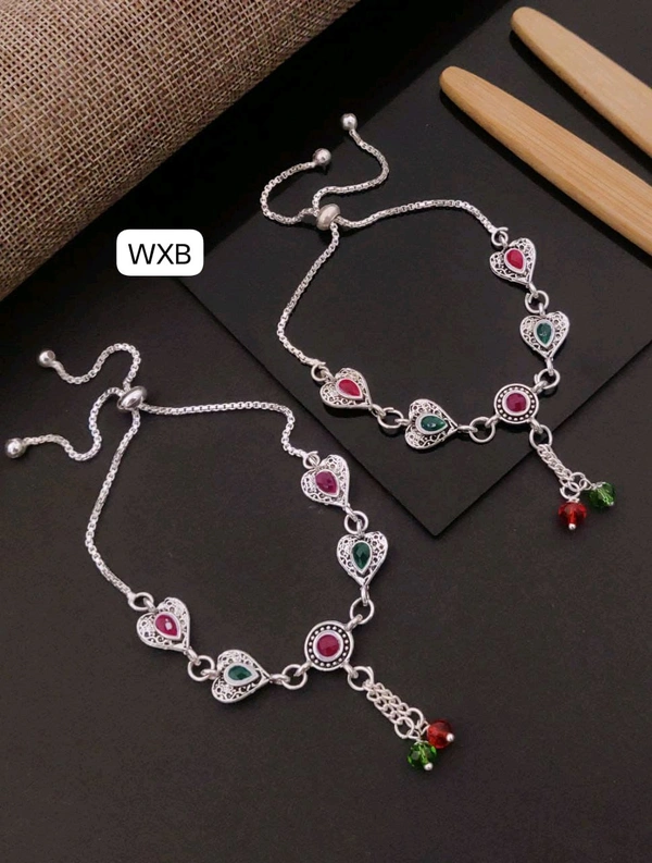 Kanaf ๐ KANAF Silver Fancy Oxidised Brooch Payal | Free Size Adjustable Folding Anklet | Multicolor Stone Design