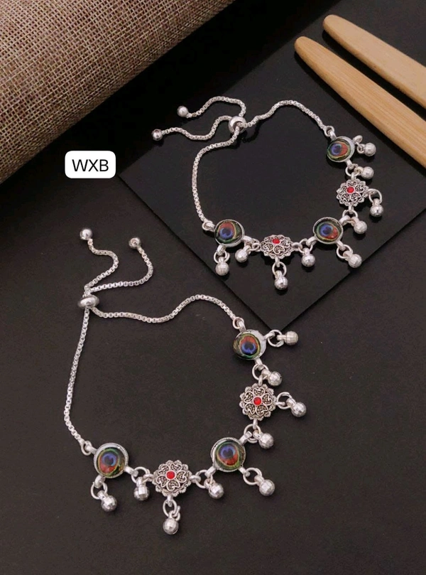 Kanaf ๐ KANAF Silver Fancy Oxidized Brooch Payal | Multicolor Stone Traditional Free Size Folding Anklet for Women & Girls