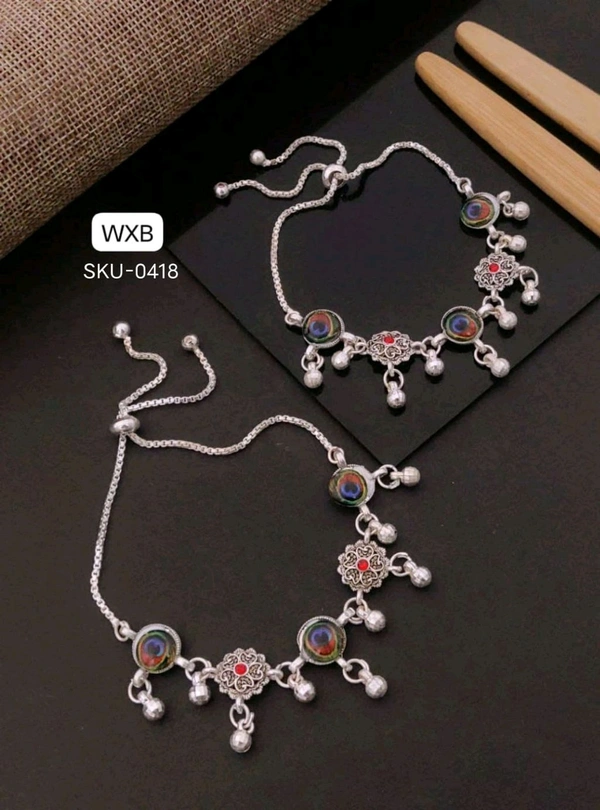 Kanaf 💎 KANAF Silver Fancy Oxidized Brooch Payal | Multicolor Stone Traditional Free Size Folding Anklet for Women & Girls