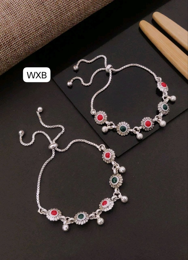 Kanaf π KANAF Silver Fancy Oxidized Brooch Payal | Free Size Adjustable Folding Anklet for Women & Girls