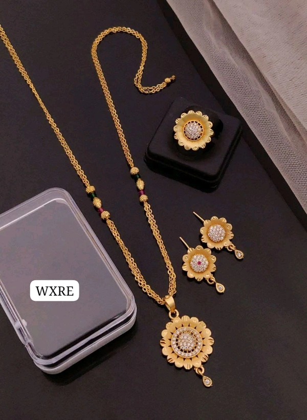 Kanaf ๐ซ KANAF Fancy AD Pendant Set Combo | 1 Gram Forming Gold Plated | Pendant + Tops + 2-Line Imported Satari Chain + Adjustable Ring | Daily Wear Collection