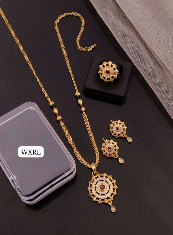 Kanaf 💫 KANAF Fancy AD Pendant Combo Set | 1 Gram Forming Gold Plated | Pendant + Tops + 2-Line Imported Satari Chain + Adjustable Ring | Daily Wear Jewellery