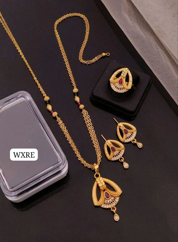 Kanaf 💫 KANAF Fancy AD Pendant Combo Set | 1 Gram Forming Gold Plated | Pendant + Tops + 2-Line Imported Satari Chain + Adjustable Ring | Daily Wear Jewellery