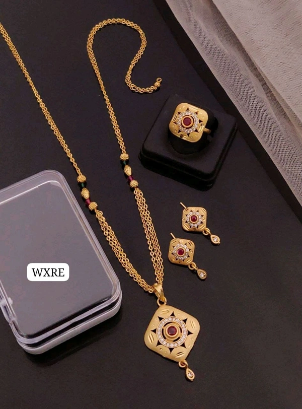 Kanaf 💫 KANAF Fancy AD Pendant Combo Set | 1 Gram Forming Gold Plated | Pendant + Tops + 2-Line Imported Satari Chain + Adjustable Ring | Daily Wear Jewellery
