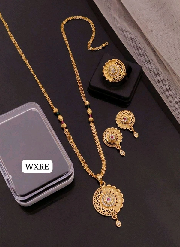 Kanaf KANAF Fancy AD Pendant Combo Set | 1 Gram Forming Gold Plated | Pendant + Tops + 2-Line Imported Satari Chain + Adjustable Ring | Daily Wear Jewellery