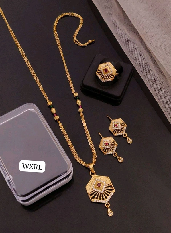 Kanaf 💫 KANAF Fancy AD Pendant Combo Set | 1 Gram Forming Gold Plated | Pendant + Tops + 2-Line Imported Satari Chain + Adjustable Ring | Daily Wear Jewellery