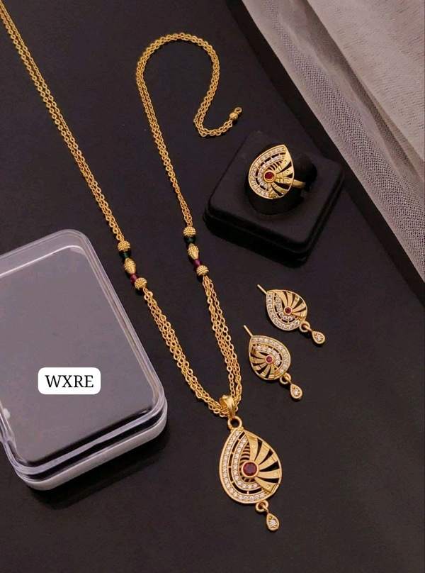 Kanaf 💫 KANAF Fancy AD Pendant Combo Set | 1 Gram Forming Gold Plated | Pendant + Tops + 2-Line Imported Satari Chain + Adjustable Ring | Daily Wear Jewellery
