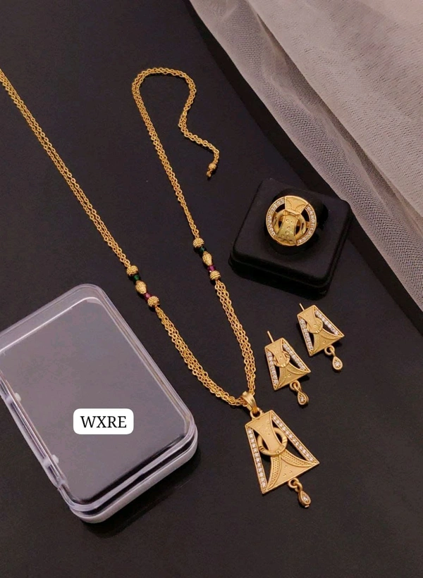 Kanaf ๐ซ KANAF Fancy AD Pendant Combo Set | 1 Gram Forming Gold Plated | Pendant + Tops + 2-Line Imported Satari Chain + Adjustable Ring | Daily Wear Jewellery