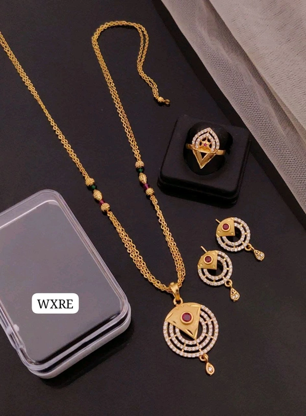 Kanaf ๐ซ KANAF Fancy AD Pendant Combo Set | 1 Gram Forming Gold Plated | Pendant + Tops + 2-Line Imported Satari Chain + Adjustable Ring | Daily Wear Jewellery