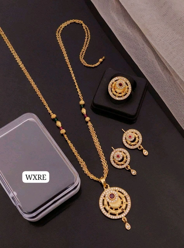 Kanaf 💫 KANAF Fancy AD Pendant Combo Set | 1 Gram Forming Gold Plated | Pendant + Tops + 2-Line Imported Satari Chain + Adjustable Ring | Daily Wear Jewellery