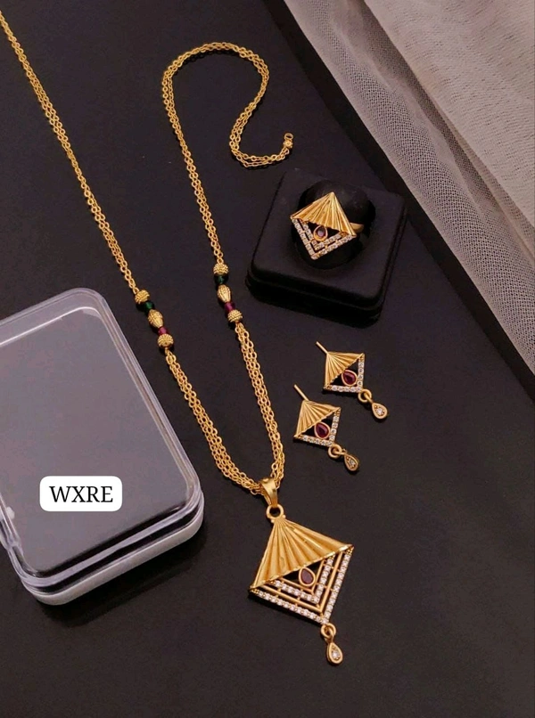Kanaf 💫 KANAF Fancy AD Pendant Combo Set | 1 Gram Forming Gold Plated | Pendant + Tops + 2-Line Imported Satari Chain + Adjustable Ring | Daily Wear Jewellery