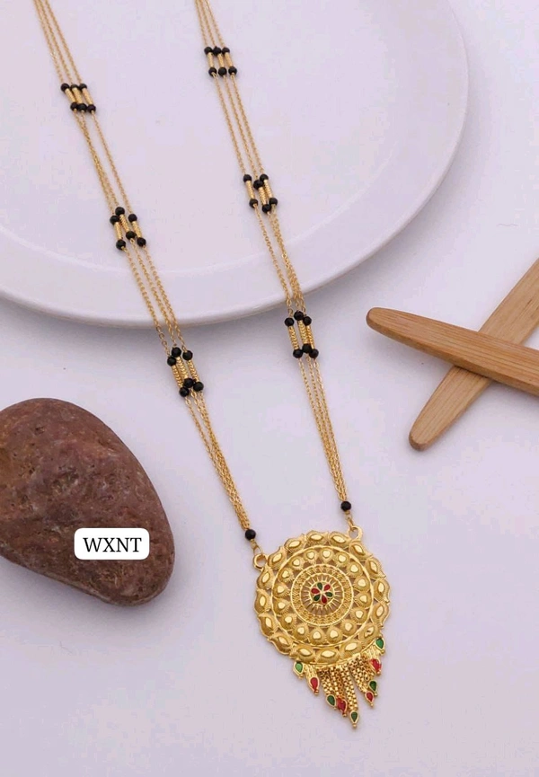 π« KANAF Fancy CNC Pip Satari Mangalpot | 3-Line 36β | Brass Micro Gold Plating | Traditional Long Necklace with Fancy Round Pendant