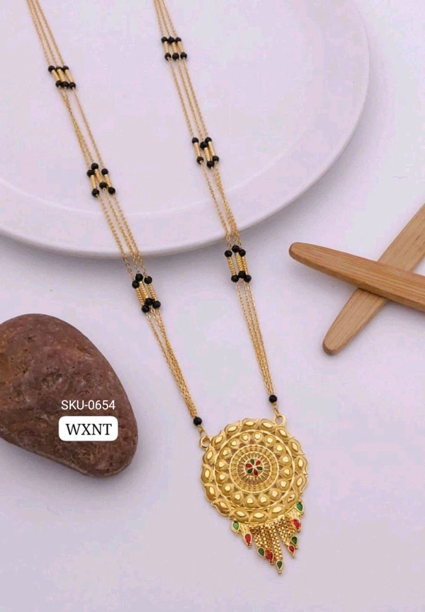 π« KANAF Fancy CNC Pip Satari Mangalpot | 3-Line 36β | Brass Micro Gold Plating | Traditional Long Necklace with Fancy Round Pendant