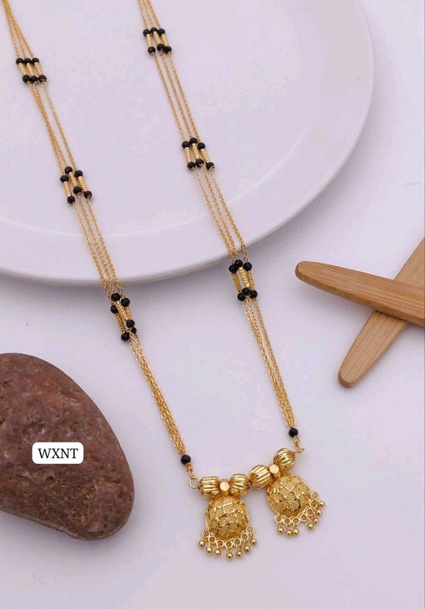 π« KANAF Fancy CNC Pip Satari Mangalpot | 3-Line 36β | Brass Micro Gold Plating | Traditional Daily Wear Long Necklace with Double Fancy Vati Pendant