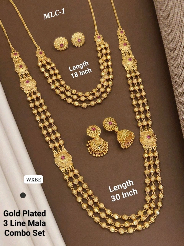 Kanaf ✨ KANAF Gold Plated 3 Line Mala Combo Set | Traditional Long & Short Necklace with Earrings | 18" + 30" Bridal Combo Jewellery Set
