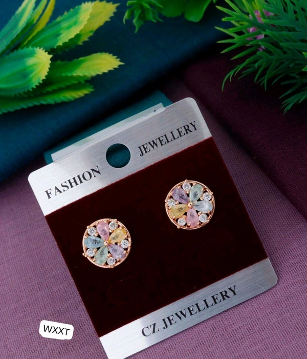 Kanaf 🌸 KANAF CZ Gold AD Stud Earrings | Multi-Color Stone Round Design | Daily & Party Wear Jewellery for Women and Girl