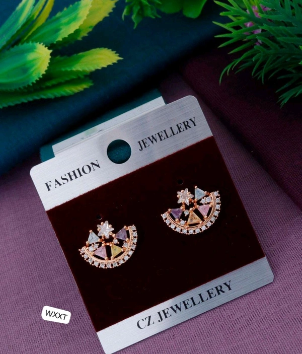 Kanaf π KANAF CZ Stone Half Moon Earrings | Multicolor Tri-Stone Design | Elegant Daily & Party Wear Studs for Women & Girls