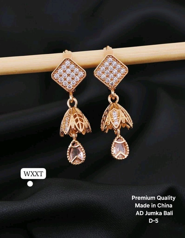 Kanaf ✨ KANAF Premium Quality AD Jumka Bali Earrings | Rose Gold Square Top Designer Earrings | Imported Shine Finish | Made in China (D-5)