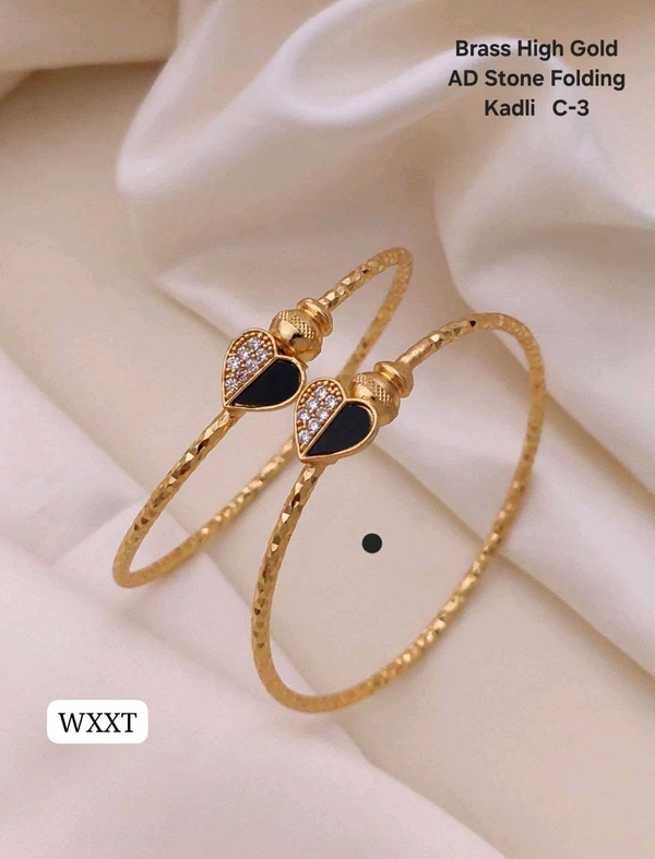 Kanaf ✨ KANAF Brass High Gold AD Stone Folding Kadli | Elegant Black Heart Design | Daily Wear Bangle Set | Model – C-3