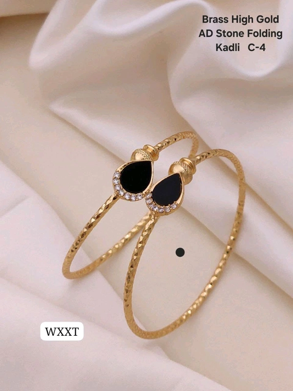 Kanaf ✨ KANAF Brass High Gold AD Stone Folding Kadli | Elegant Black Teardrop Design | Daily Wear Traditional Bangle | Model – C-4