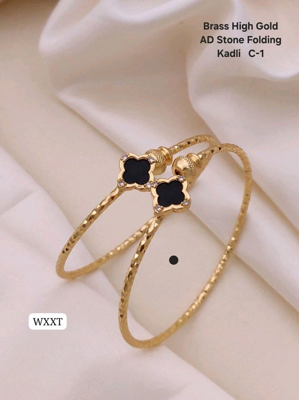 Kanaf ✨ KANAF Brass High Gold AD Stone Folding Kadli | Stylish Black Clover Design | Daily Wear Bangle | Model – C-1