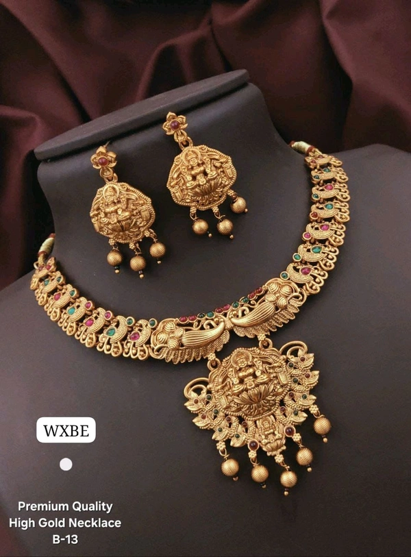 Kanaf 💫 KANAF Premium High Gold Temple Necklace Set | Antique Goddess Lakshmi Design | Traditional Bridal Jewellery with Earrings | Model – B-13