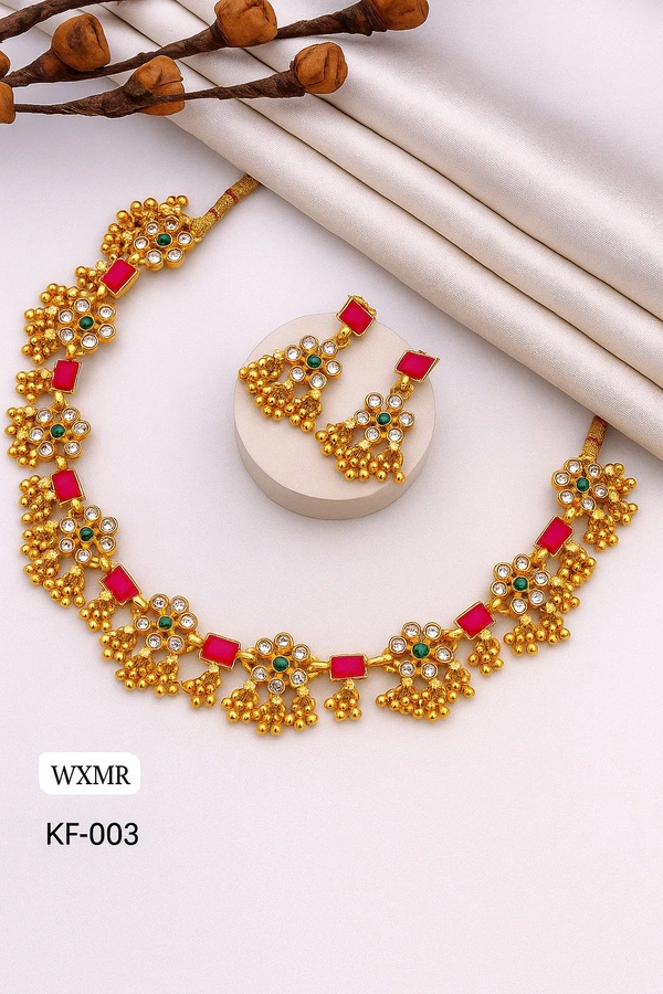 Kanaf 💖 KANAF Gold Plated Ruby Green Stone Blossom Necklace Set | Premium Quality Imitation Jewellery | Model KF-003