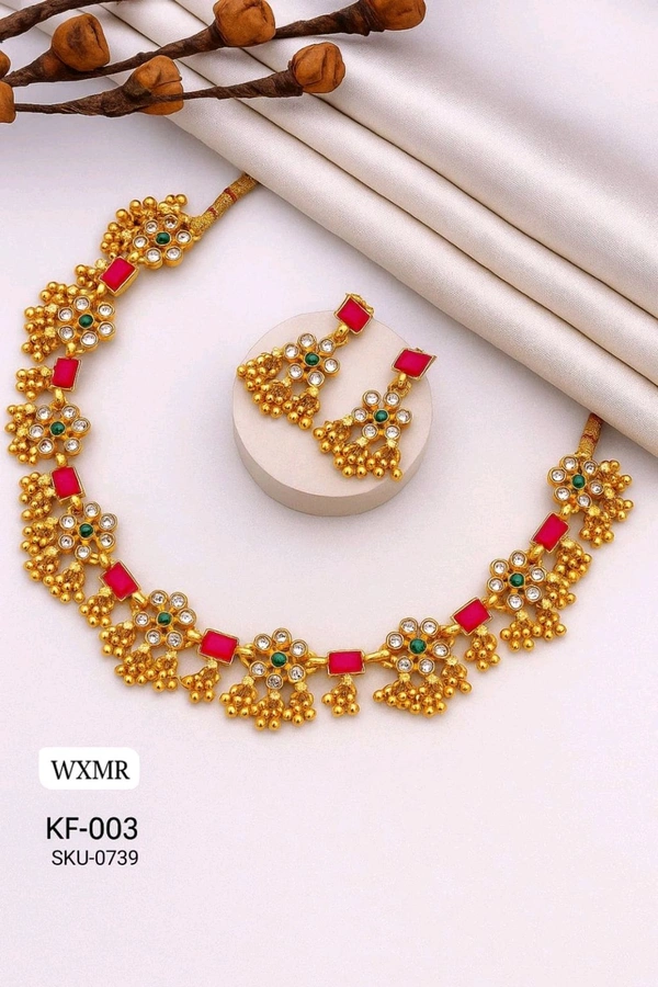 π KANAF Gold Plated Ruby Green Stone Blossom Necklace Set | Premium Quality Imitation Jewellery | Model KF-003