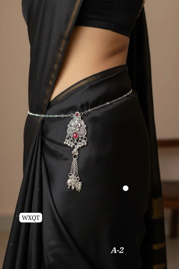Kanaf 🩶 KANAF Silver Oxidized Waist Belt | Red Stone Antique Kandora with Hanging Charms | Traditional Saree Accessory | Model – A-2