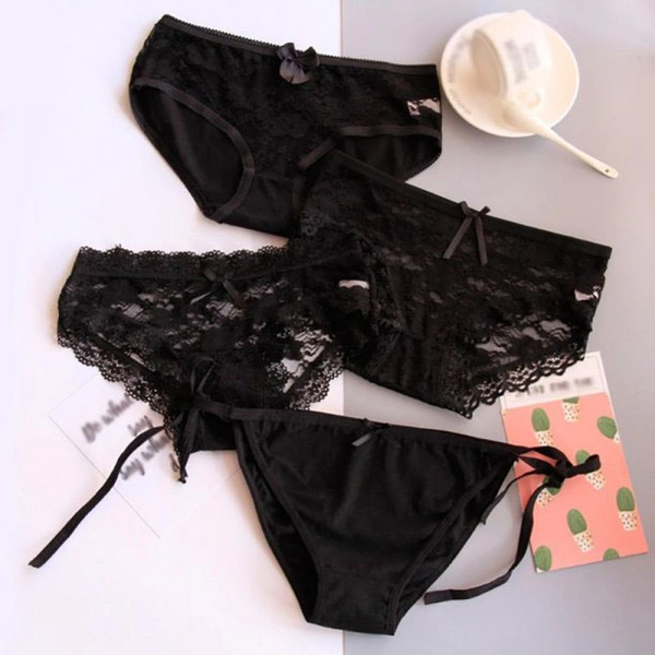 InnerFeel 4 Pieces Black Sexy Lace Nylon Panties