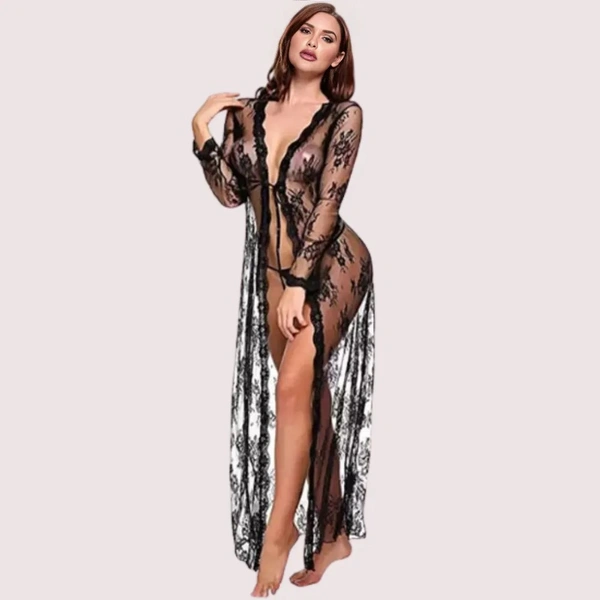 InnerFeel Floral Lace-Trimmed Black Transparent Robe - L, Dark Black