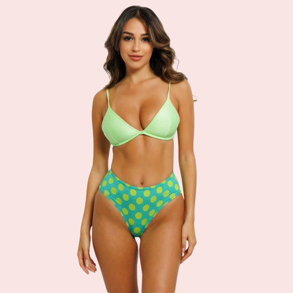 InnerFeel High-Waisted Polka Dot Bikini Bottom – Retro Green Vibes (Bottom Only)