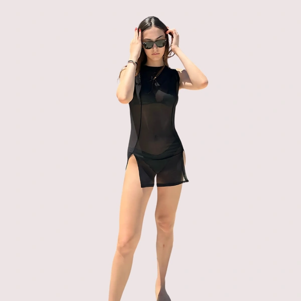 InnerFeel Maison Allure Sheer Black Mini Dress with Dual Open Slits - M