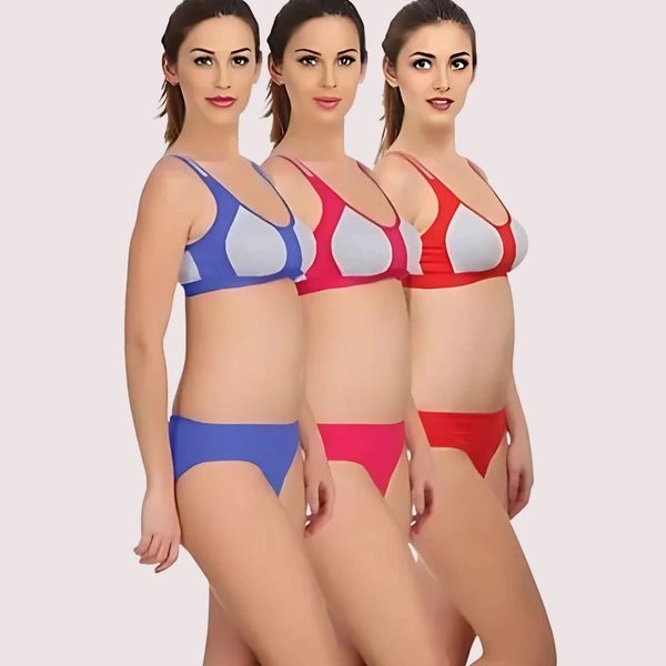 InnerFeel "Medium" Impact sports bra panty set pack of 3 - 32B, Assorted