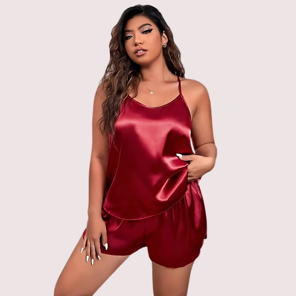 InnerFeel Midnight Glow Silk Cami & Shorts – Plus Size - 3XL, Dark Maroon