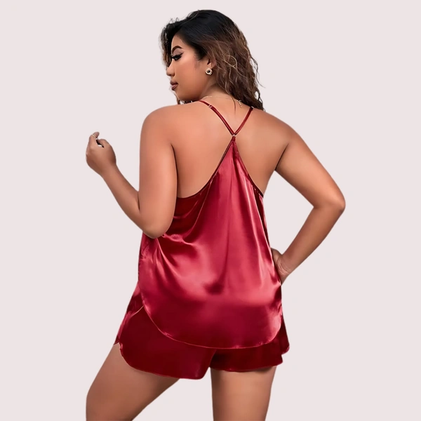 InnerFeel Midnight Glow Silk Cami & Shorts – Plus Size - 3XL, Dark Maroon