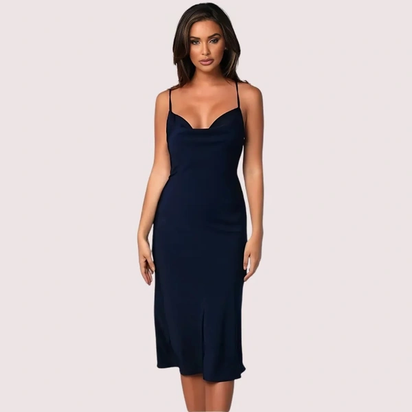 InnerFeel Navy Satin Cowl Neck Midi Dress - M, Navy Blue