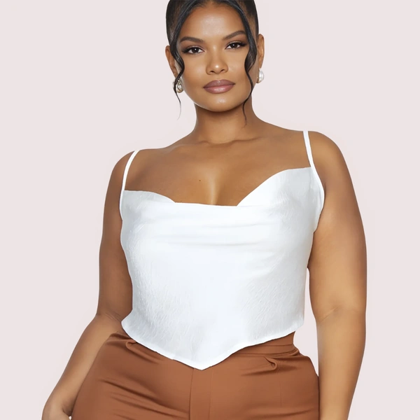 InnerFeel Plus Size White Satin Cropped Cowl Neck Cami Top - 4XL, Off White