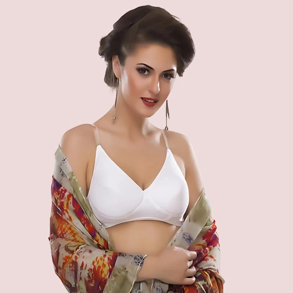 InnerFeel Pure cotton wire free white bra for summers - White, 32B