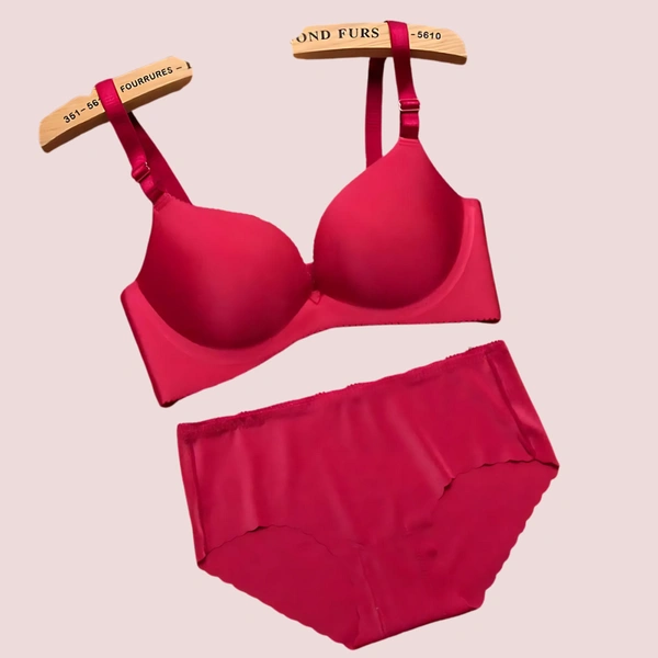 InnerFeel Red Seamless Underwired Lace Bra Panty Set - Light Coral Maroon, 32B