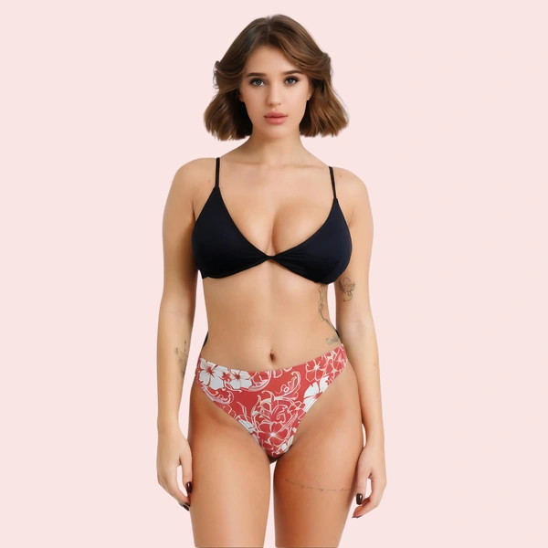 InnerFeel Red & White Floral Print High-Cut Thong Bikini Bottom (Bottom Only) - M