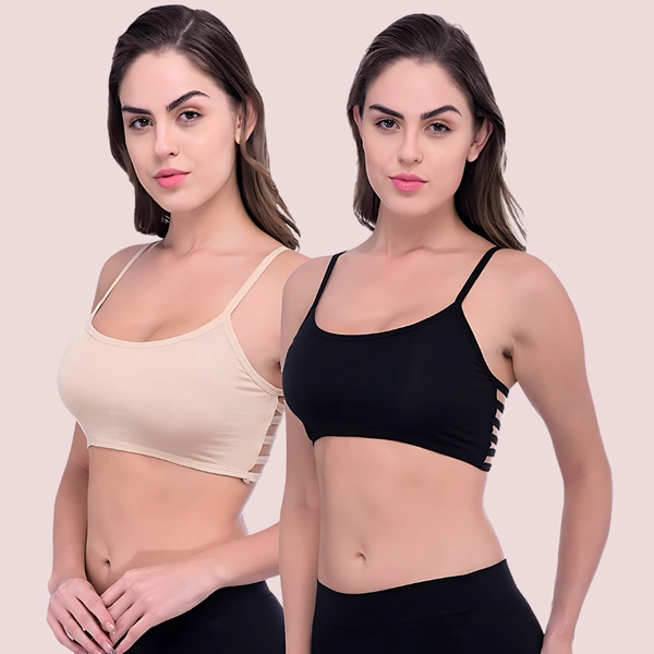 InnerFeel "Sexy" Pack Of 2 Sexy Back Stripe Bralette Bra - Beige & Black, 32B