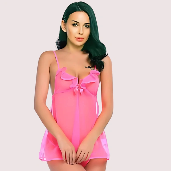 InnerFeel Sheer Lace Babydoll with Matching G-string - S, Hot pink